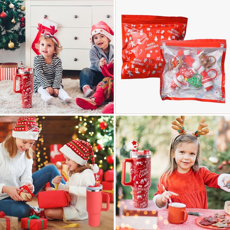 YuJoyC 8Pcs Silicone Red Christmas Straw Covers Cap for Stanley Cup 30&40 Oz Cup, Reusable Straw Toppers for Stanley Cup Accessories Tumbler with Handle for Water Bottle - Image 4